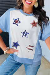 Sky Blue Patriotic Star Patched Colorblock T Shirt Graphic Tees JT's Designer Fashion