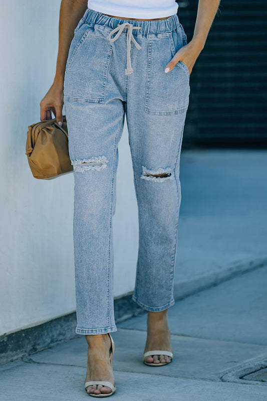 Sky Blue Gather Round Distressed Pocketed Denim Jogger Sky Blue 71%Cotton+27.5%Polyester+1.5%Spandex Jeans JT's Designer Fashion