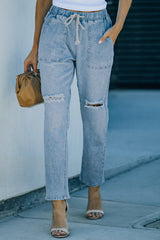 Sky Blue Gather Round Distressed Pocketed Denim Jogger Sky Blue 71%Cotton+27.5%Polyester+1.5%Spandex Jeans JT's Designer Fashion