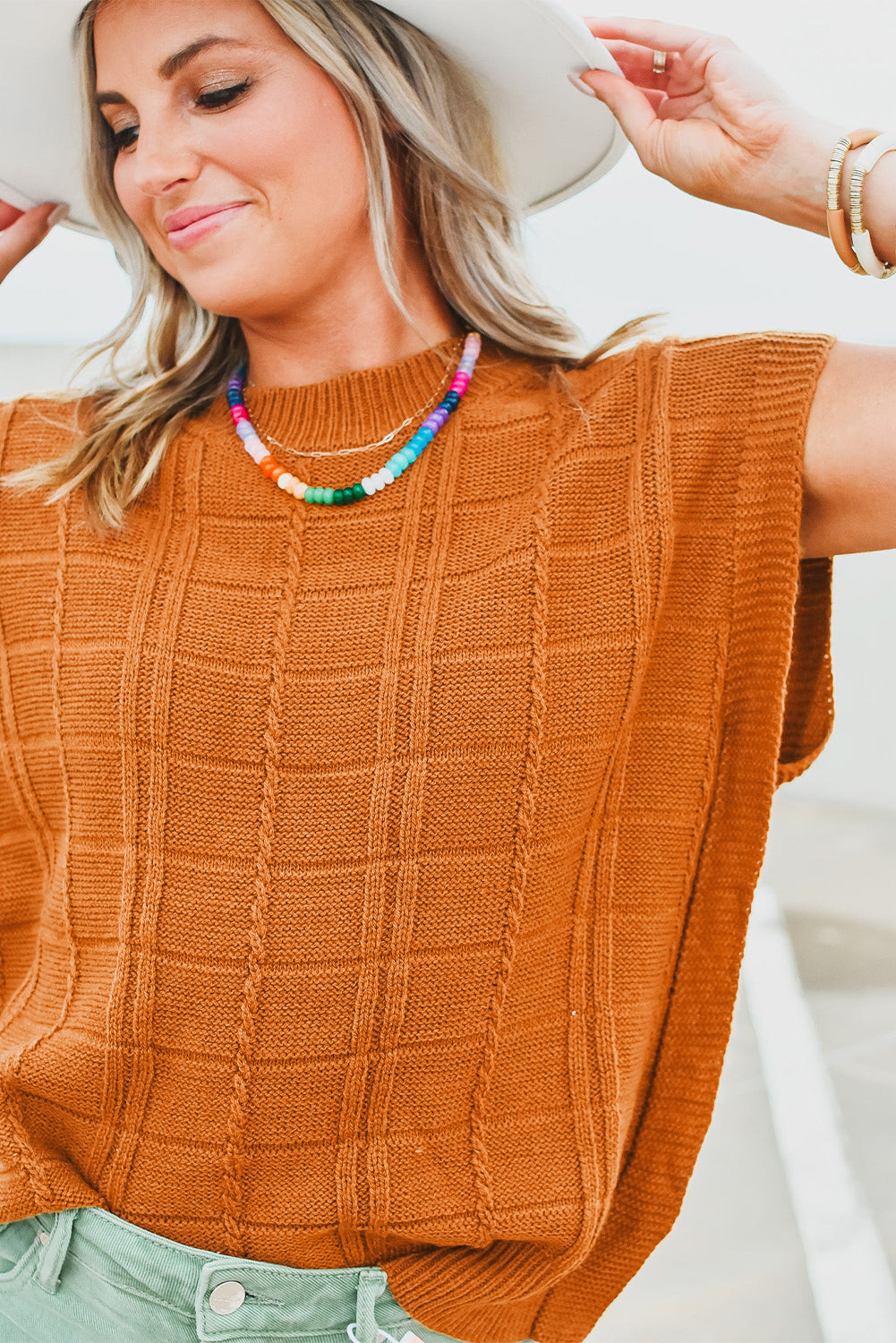 Chestnut Grid Textured Short Sleeve Sweater Sweaters & Cardigans JT's Designer Fashion