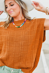 Chestnut Grid Textured Short Sleeve Sweater Sweaters & Cardigans JT's Designer Fashion