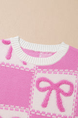 Pink Bow Knot Two Tone Checkered Crew Neck Sweater Sweaters JT's Designer Fashion