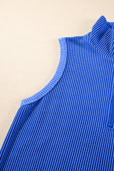 Sky Blue Corded Collared Half Zip Tank Top Two Piece Shorts Set Short Sets JT's Designer Fashion