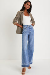 Dusk Blue Raw Hem Unique Cuffs Straight High Rise Loose Jeans Jeans JT's Designer Fashion