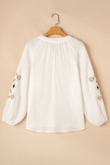 White Embroidered Textured Buttoned Crew Neck Shirt Blouses & Shirts JT's Designer Fashion