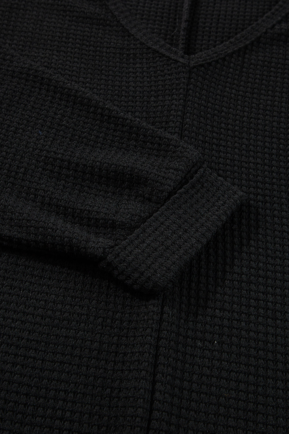 Black Waffle Knit Side Slits Loose Fit V Neck Top Long Sleeve Tops JT's Designer Fashion