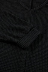 Black Waffle Knit Side Slits Loose Fit V Neck Top Long Sleeve Tops JT's Designer Fashion