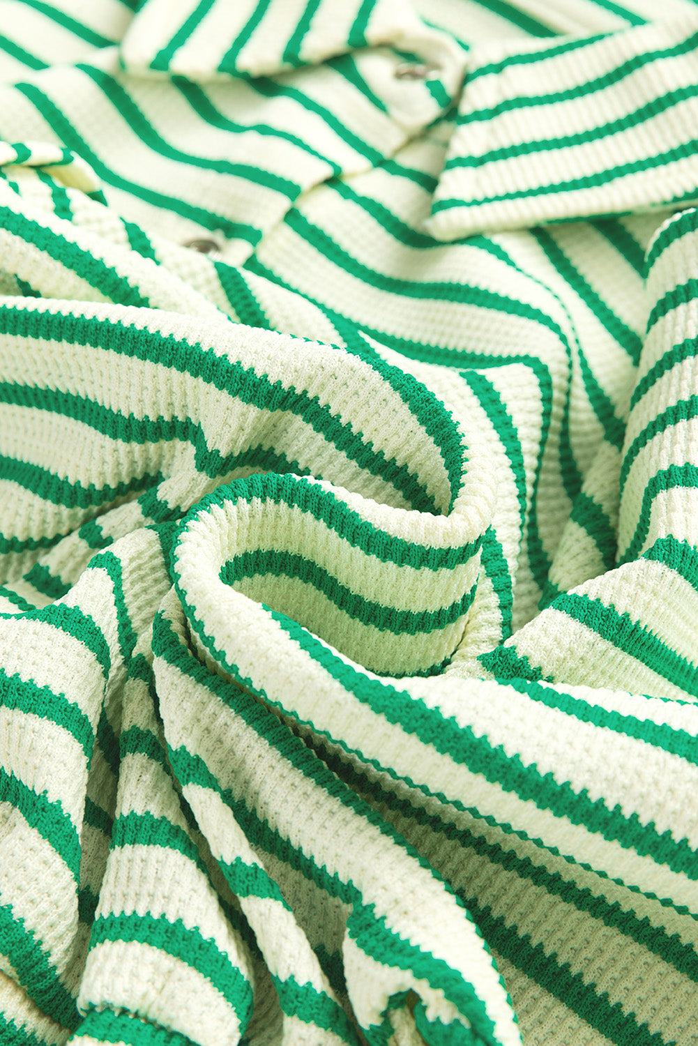 Green Stripe Textured Short Sleeve Collared Buttoned Waist Tie Romper Jumpsuits & Rompers JT's Designer Fashion
