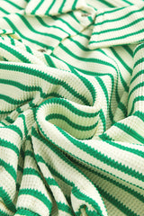 Green Stripe Textured Short Sleeve Collared Buttoned Waist Tie Romper Jumpsuits & Rompers JT's Designer Fashion