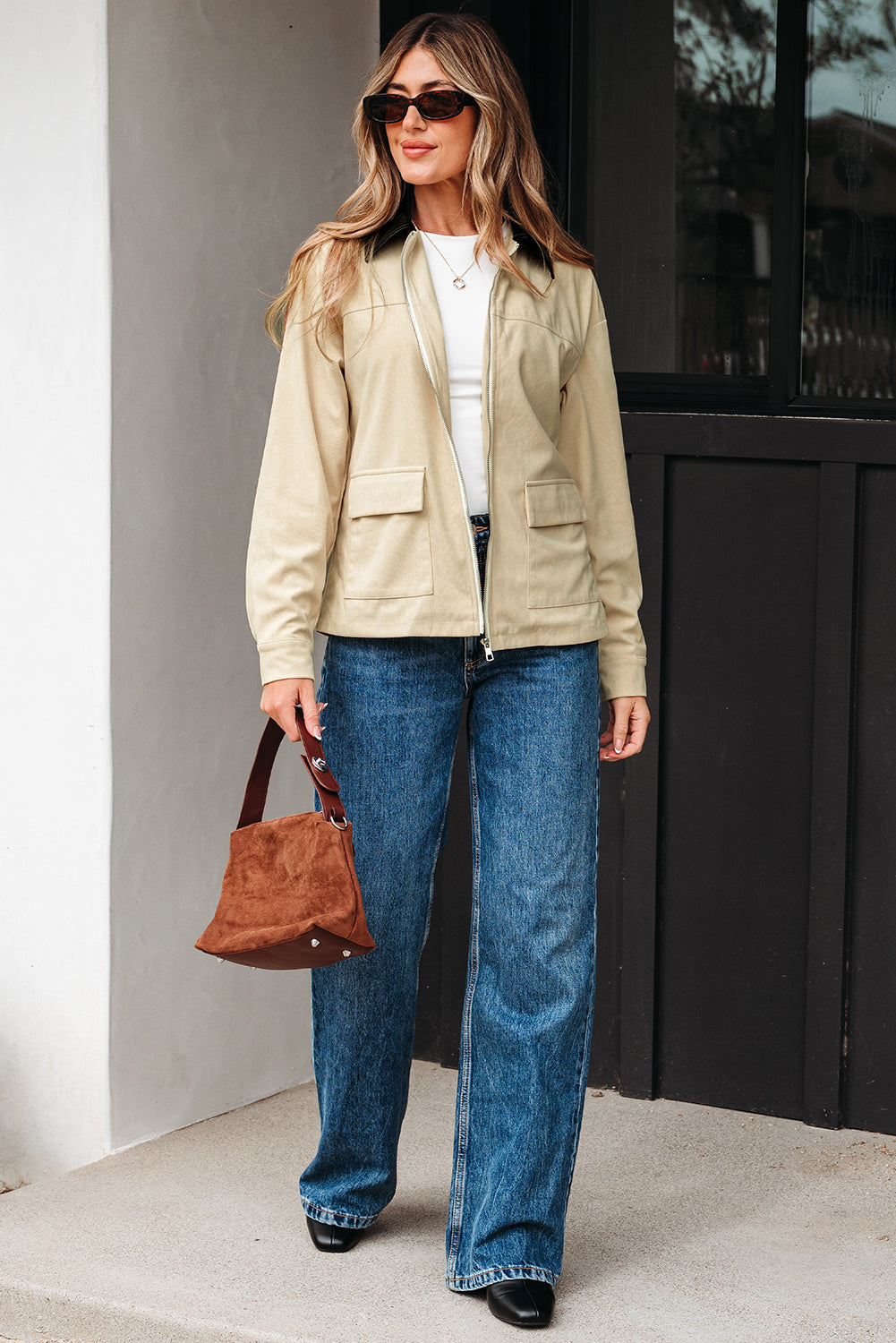 Parchment Contrast Leather Collar Textured Zip Up Jacket Jackets JT's Designer Fashion
