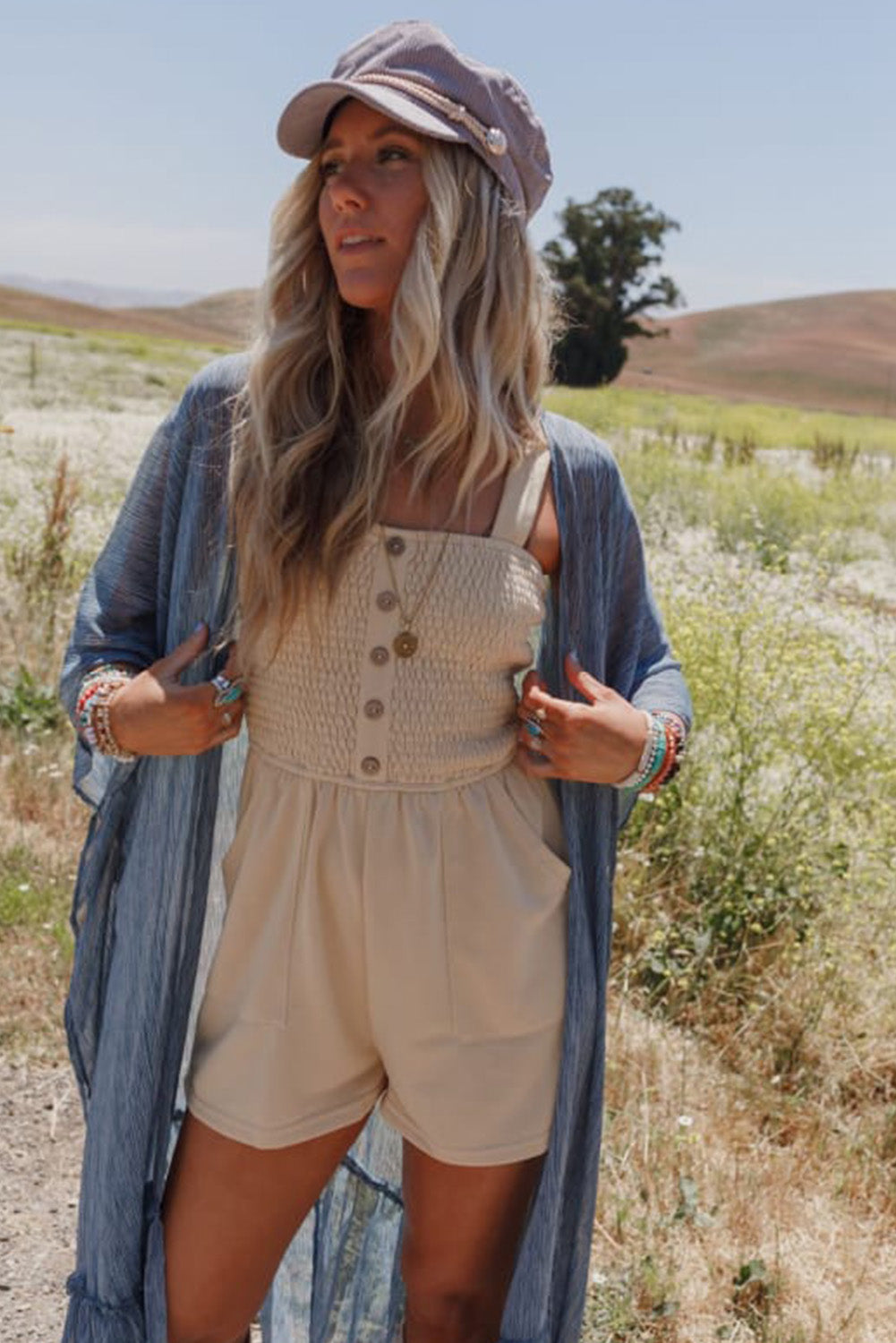 Beige Buttons Smocked Sleeveless Romper Bottoms JT's Designer Fashion