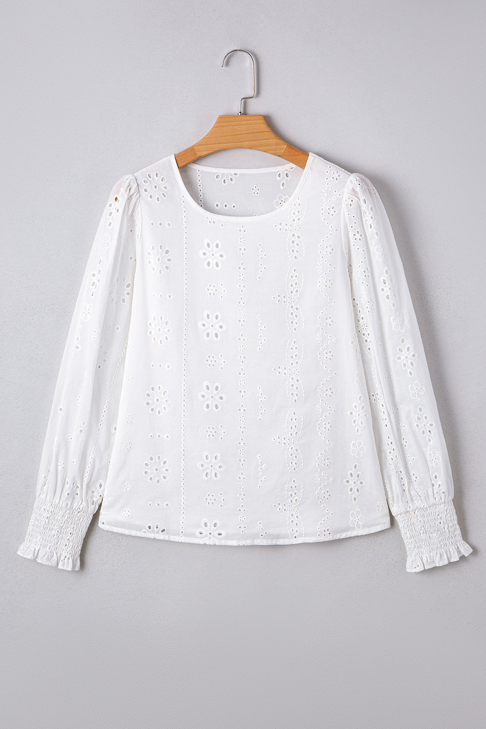 White Eyelet Embroidered Smocked Cuff Sheer Blouse Blouses & Shirts JT's Designer Fashion