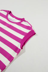 Rose Stripe Cap Sleeve Pocketed Shift T-shirt Dress T Shirt Dresses JT's Designer Fashion