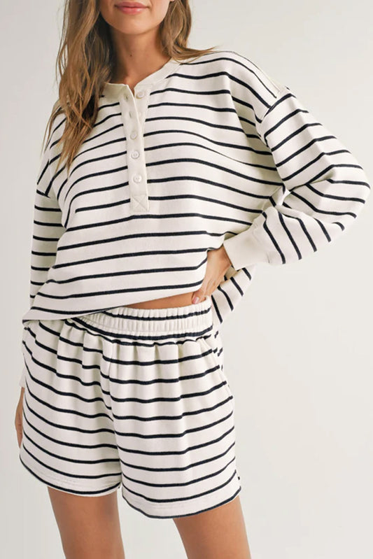 Black white Stripes Printed Half Button Long Sleeve Top and Shorts Set Black white 95%Cotton+5%Elastane Short Sets JT's Designer Fashion
