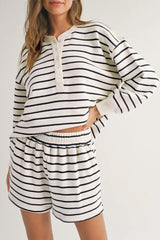 Black white Stripes Printed Half Button Long Sleeve Top and Shorts Set Black white 95%Cotton+5%Elastane Short Sets JT's Designer Fashion