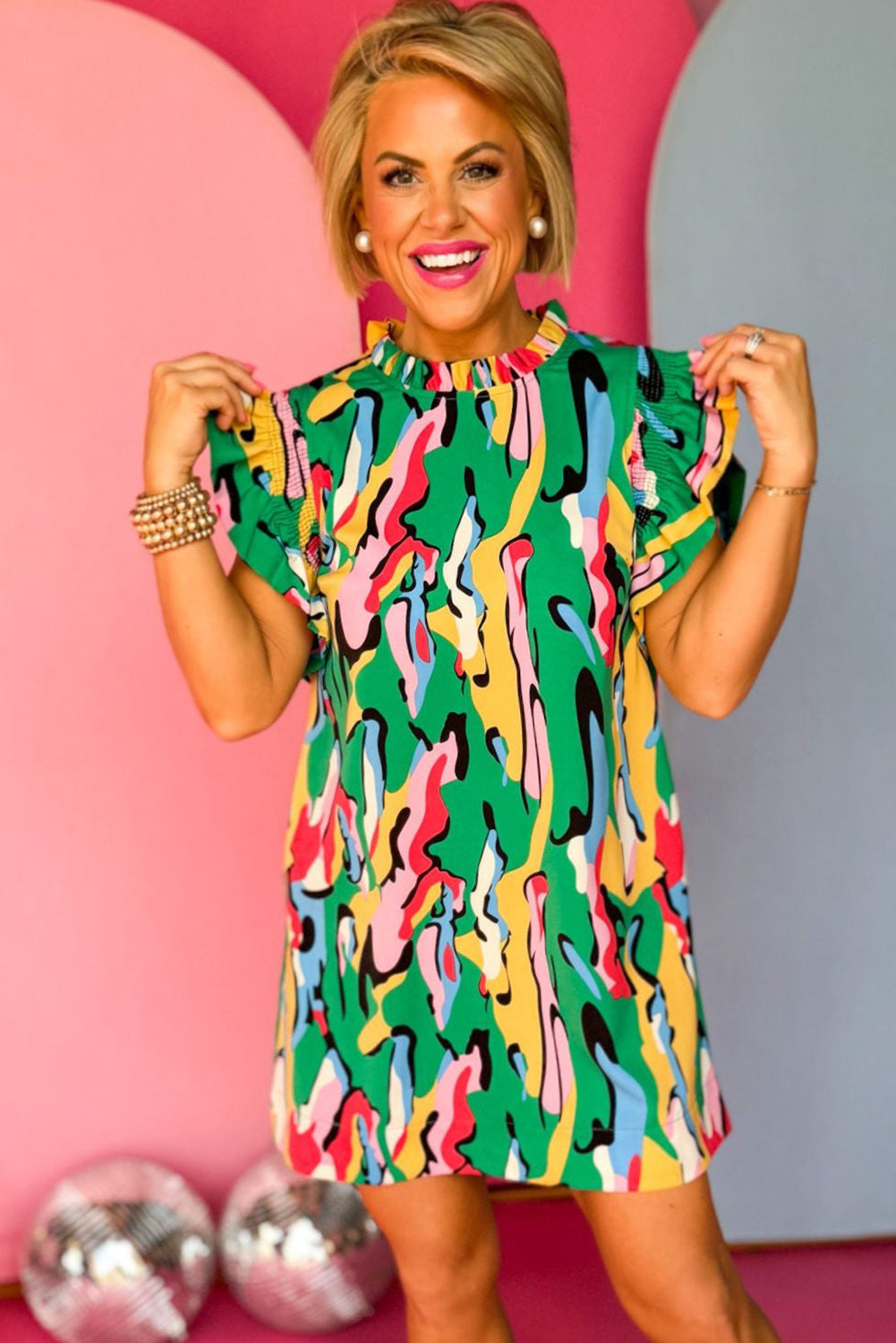 Green Abstract Print Frilled Neck Ruffled Sleeve Mini Dress Dresses JT's Designer Fashion
