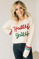 Beige Tinsel Holly Jolly Graphic Classic Sweater Sweaters JT's Designer Fashion