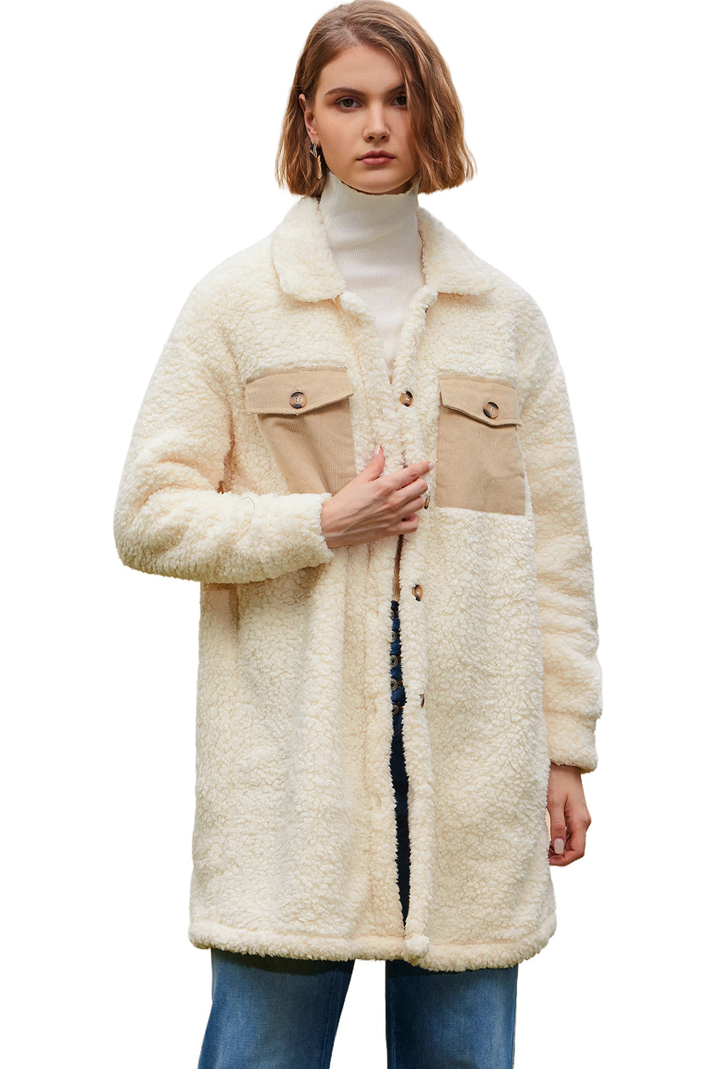 Beige Contrast Flap Pocket Single Breasted Teddy Coat Coats JT's Designer Fashion