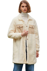 Beige Contrast Flap Pocket Single Breasted Teddy Coat Coats JT's Designer Fashion