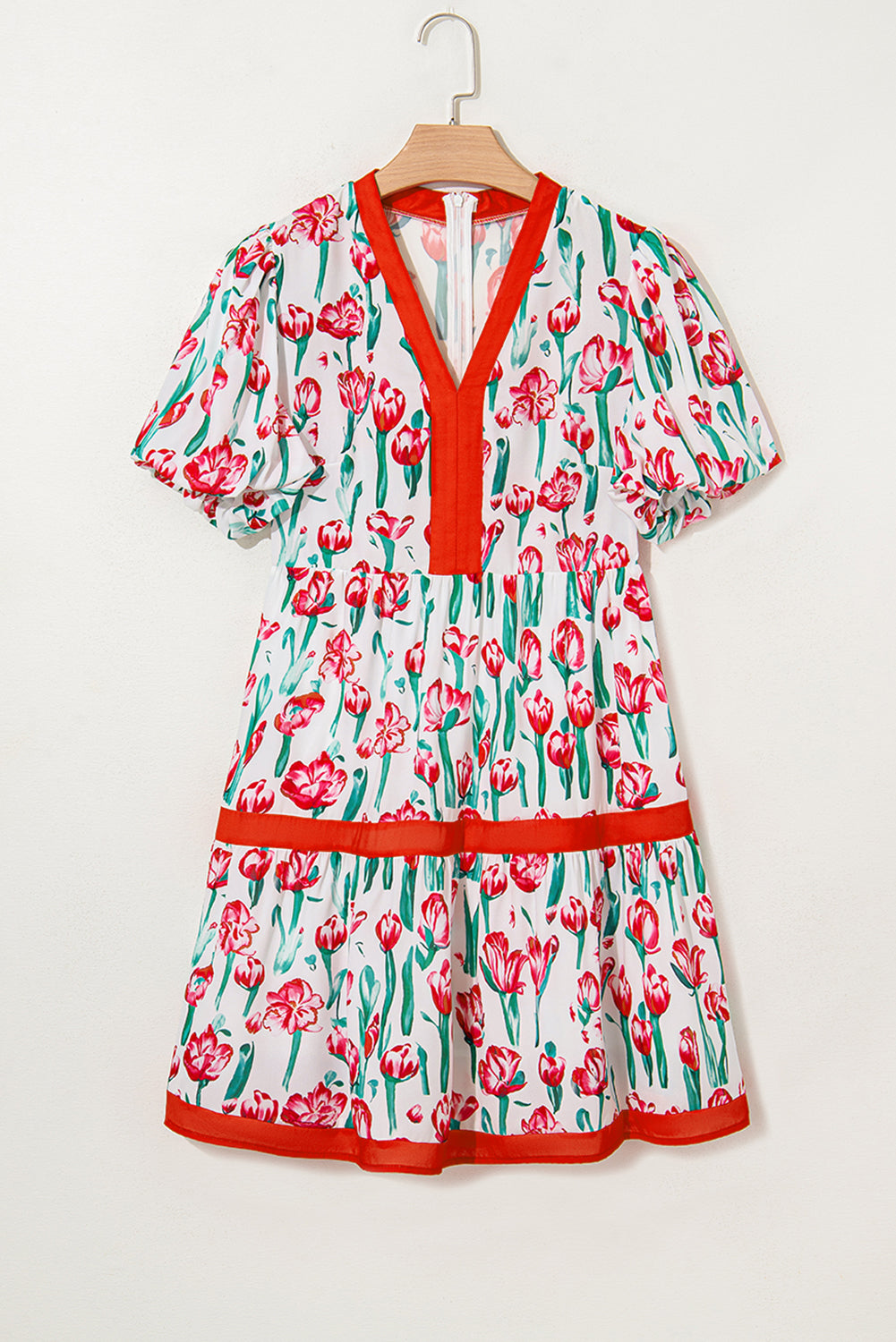 Pink Floral Print Contrast Trim V Neck Bubble Short Sleeve Babydoll Dress Floral Dresses JT's Designer Fashion
