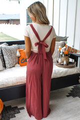 Red Clay Knotted Back Strap Cotton Bib Jumpsuit Jumpsuits & Rompers JT's Designer Fashion