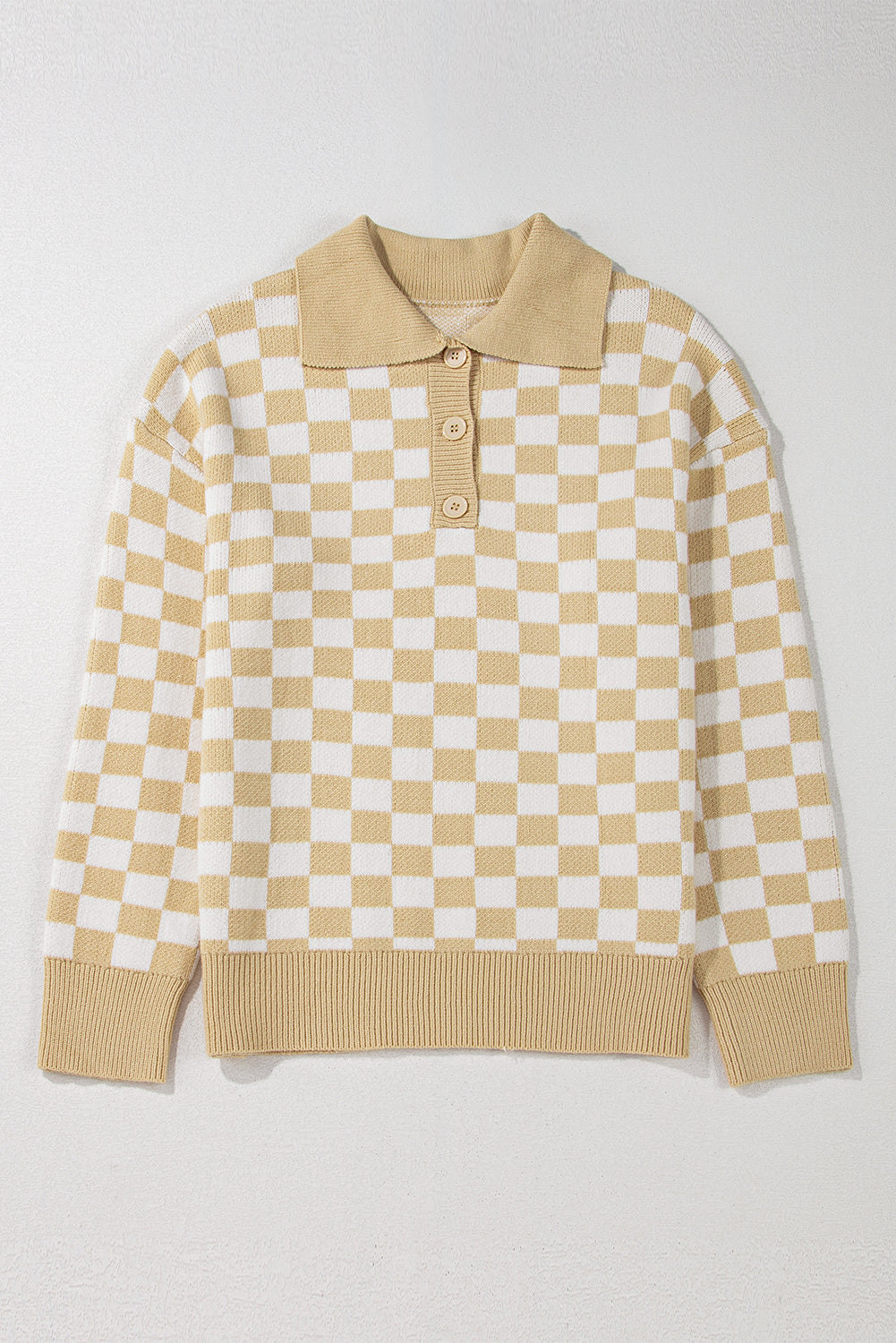 Apricot Checkered Buttons Collar V Neck Drop Shoulder Sweater Sweaters JT's Designer Fashion