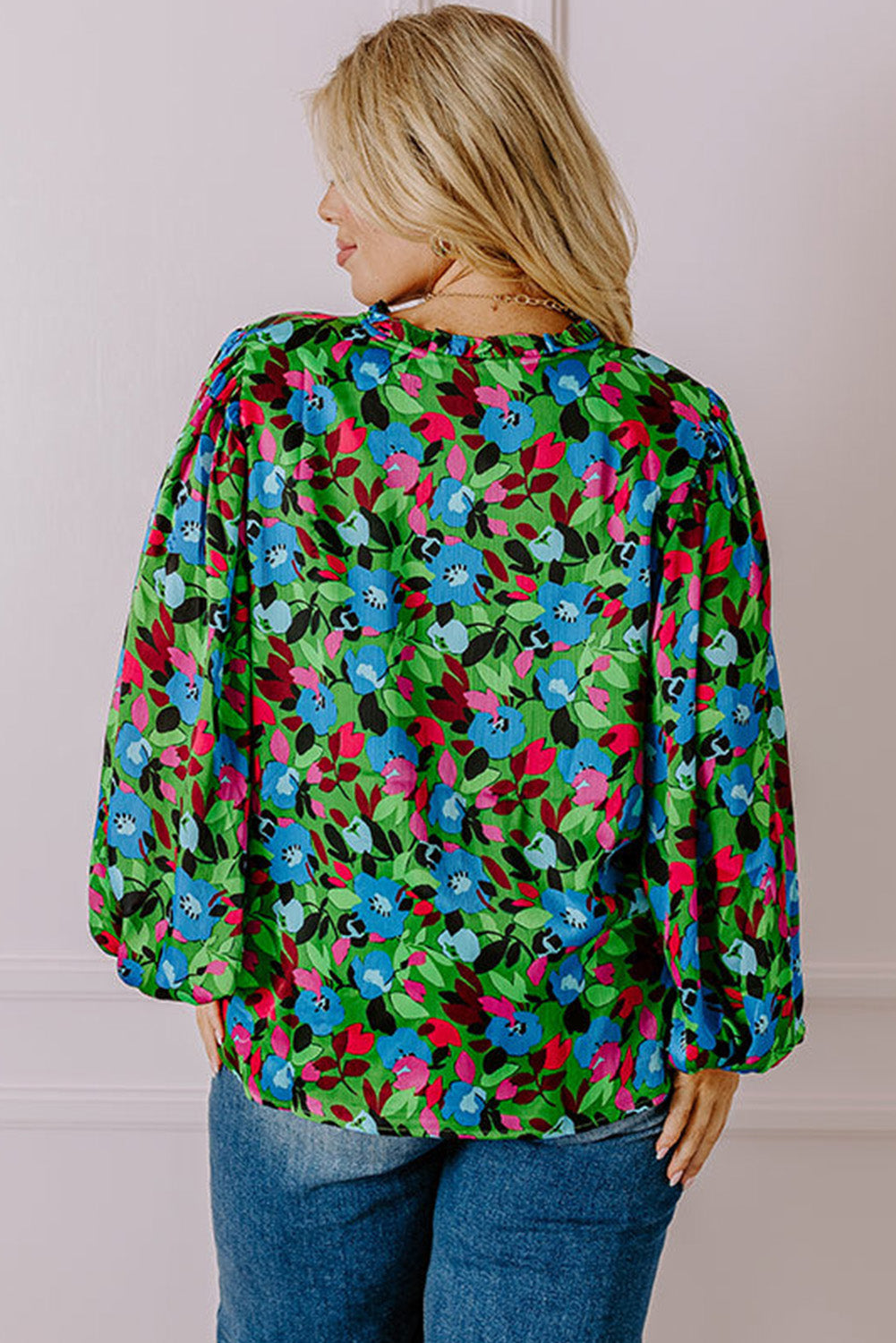 Green Plus Size Floral Bubble Sleeve V Neck Blouse Plus Size Blouses & Shirts JT's Designer Fashion