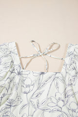 Beige Floral Print Square Neck Shirred Back Puff Sleeve Mini Dress Floral Dresses JT's Designer Fashion