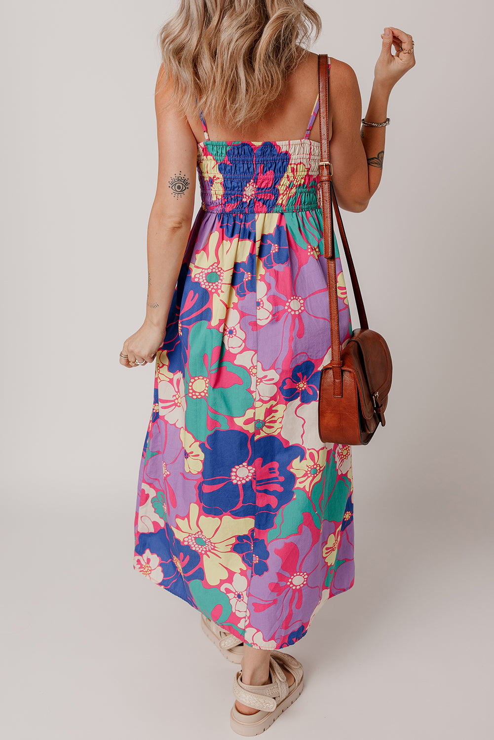 Purple Floral Print Shirred Spaghetti Strap Loose Long Dress Maxi Dresses JT's Designer Fashion