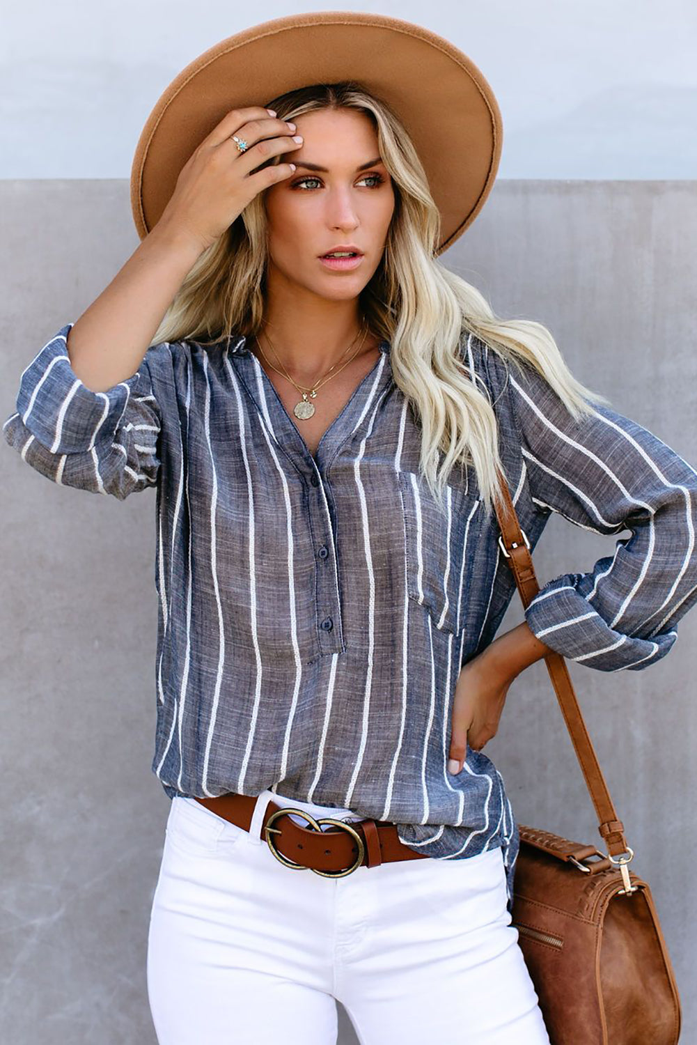 Blue Striped V Neck Pocket Long Sleeve Top Long Sleeve Tops JT's Designer Fashion