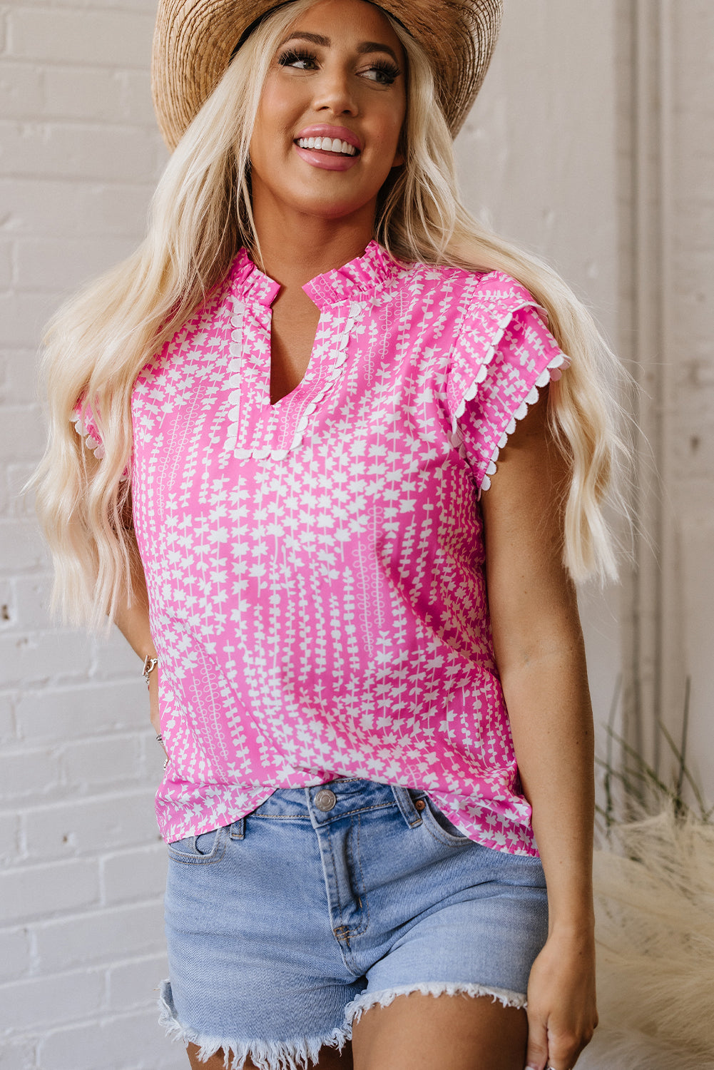 Pink Abstract Print Ric Rac Trim Flutter Sleeve Notch V Neck Blouse Blouses & Shirts JT's Designer Fashion