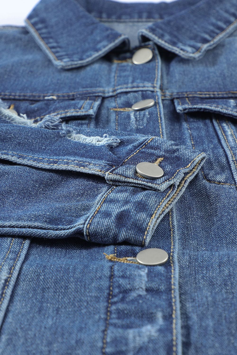 Blue Lapel Distressed Raw Hem Buttons Denim Jacket Denim Jackets JT's Designer Fashion