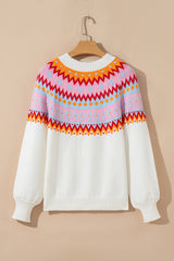White Ethnic Geometric Colorblock Print Drop Shoulder Sweater Sweaters JT's Designer Fashion