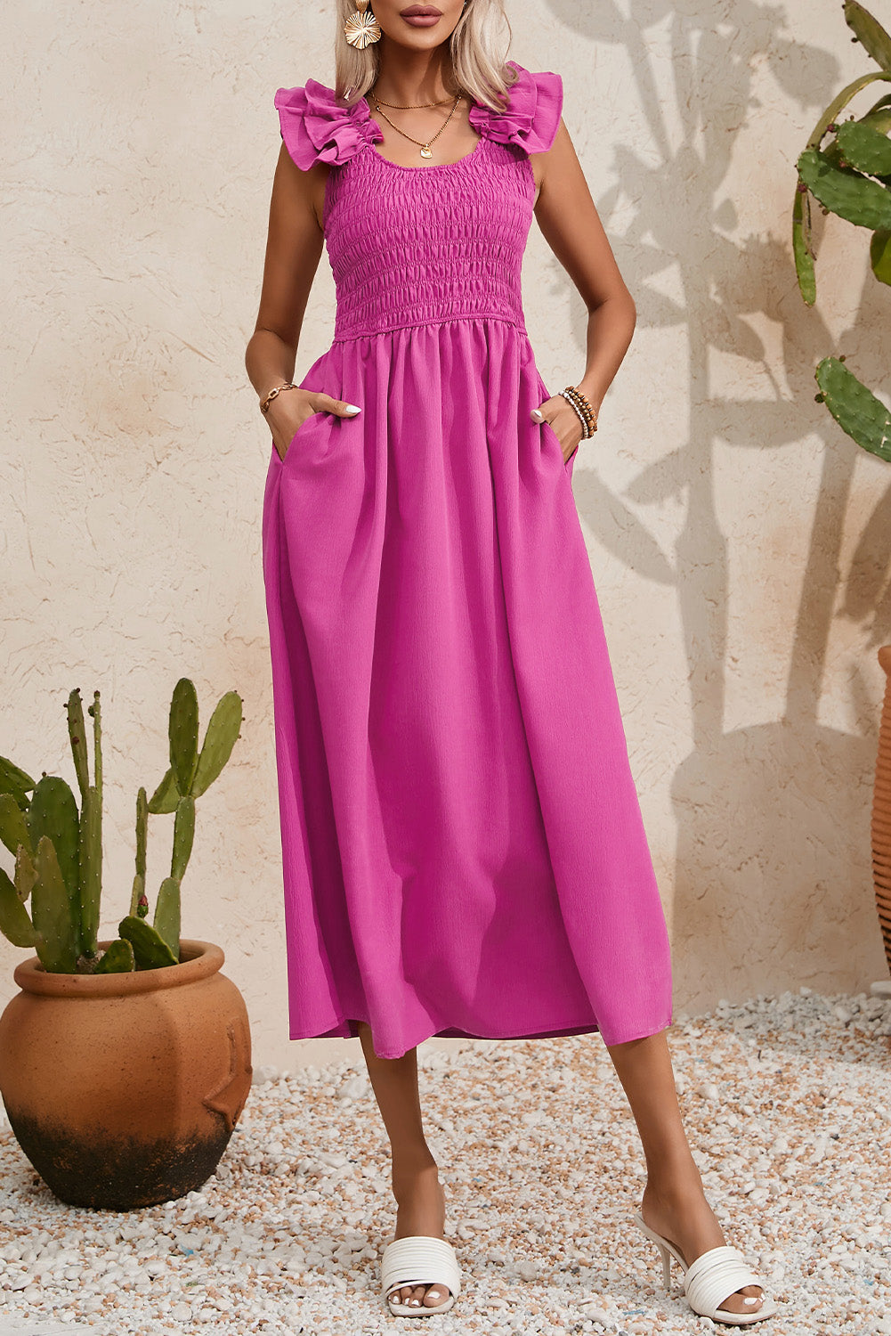 Rose Red Solid Color Ruffled Straps Smocked Ruched Long Dress Maxi Dresses JT's Designer Fashion
