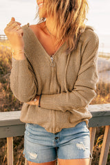 Khaki Zipper V-neck Dropped Sleeve Hooded Solid Sweater Sweaters & Cardigans JT's Designer Fashion