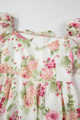 White Vibrant Floral Bubble Sleeve Sweetheart Neck Ruffle Mini Dress Floral Dresses JT's Designer Fashion