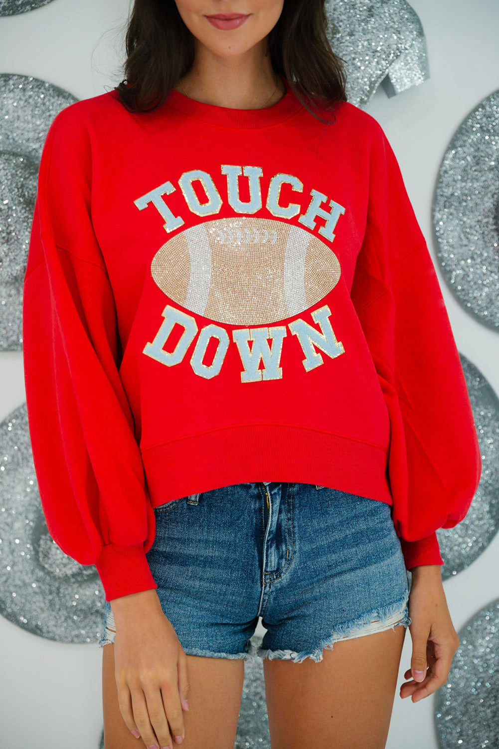 Fiery Red TOUCH DOWN Football Graphic Pullover Sweatshirt Sweatshirts & Hoodies JT's Designer Fashion