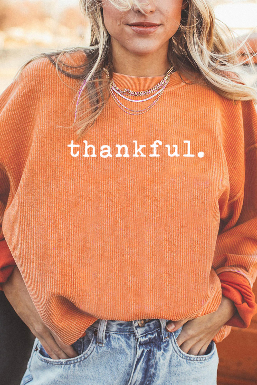 Orange Thankful Ribbed Crew Neck Thanksgiving Sweatshirt Graphic Sweatshirts JT's Designer Fashion