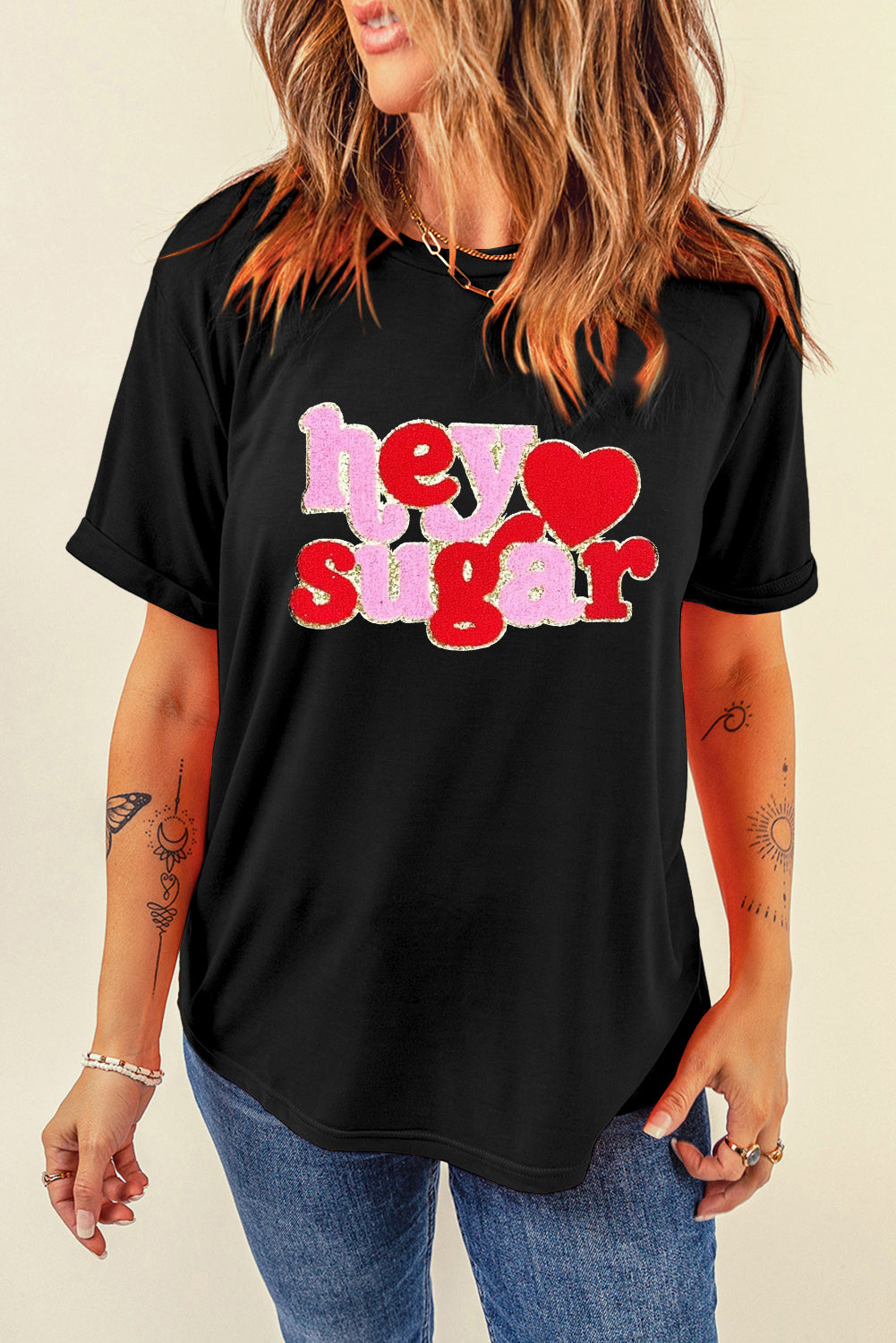Black Chenille Heart hey sugar Patched Crewneck Valentines Tee Graphic Tees JT's Designer Fashion