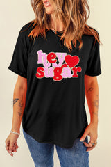 Black Chenille Heart hey sugar Patched Crewneck Valentines Tee Graphic Tees JT's Designer Fashion