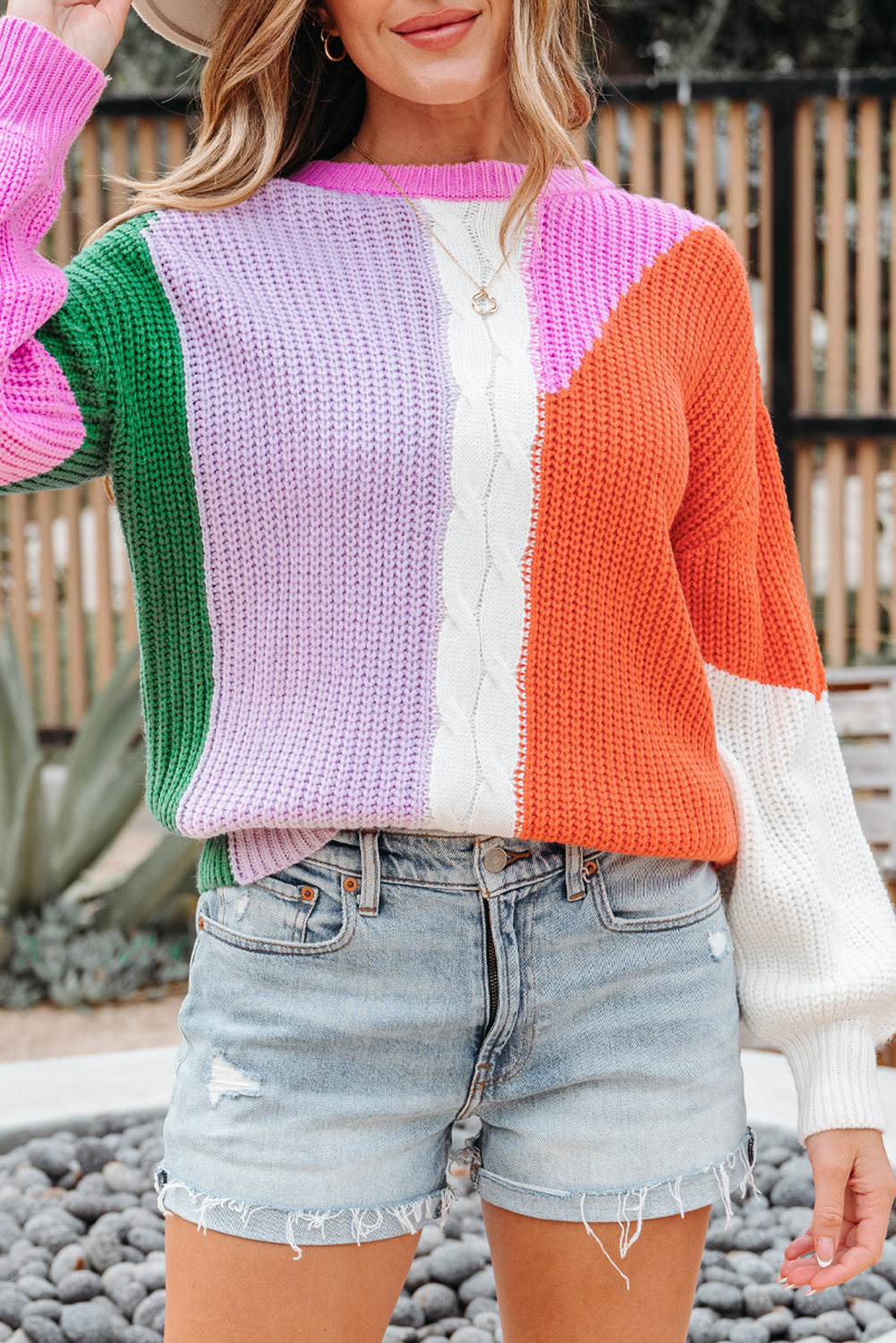 Desert Gold Color Block Textured Knit Drop Shoulder Loose Fit Sweater Sweaters JT's Designer Fashion