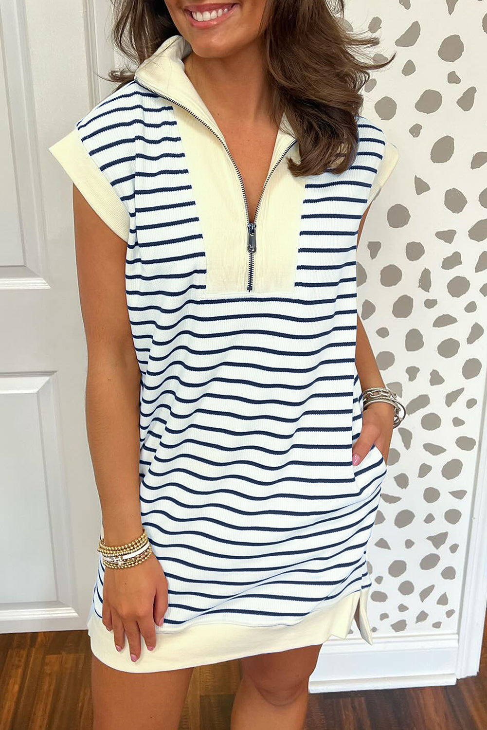 Blue Stripe Striped Quarter Zip Collared Cap Sleeve Mini Dress Dresses JT's Designer Fashion