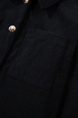 Black Hooded Drawstring Pockets Corduroy Shacket Jackets JT's Designer Fashion