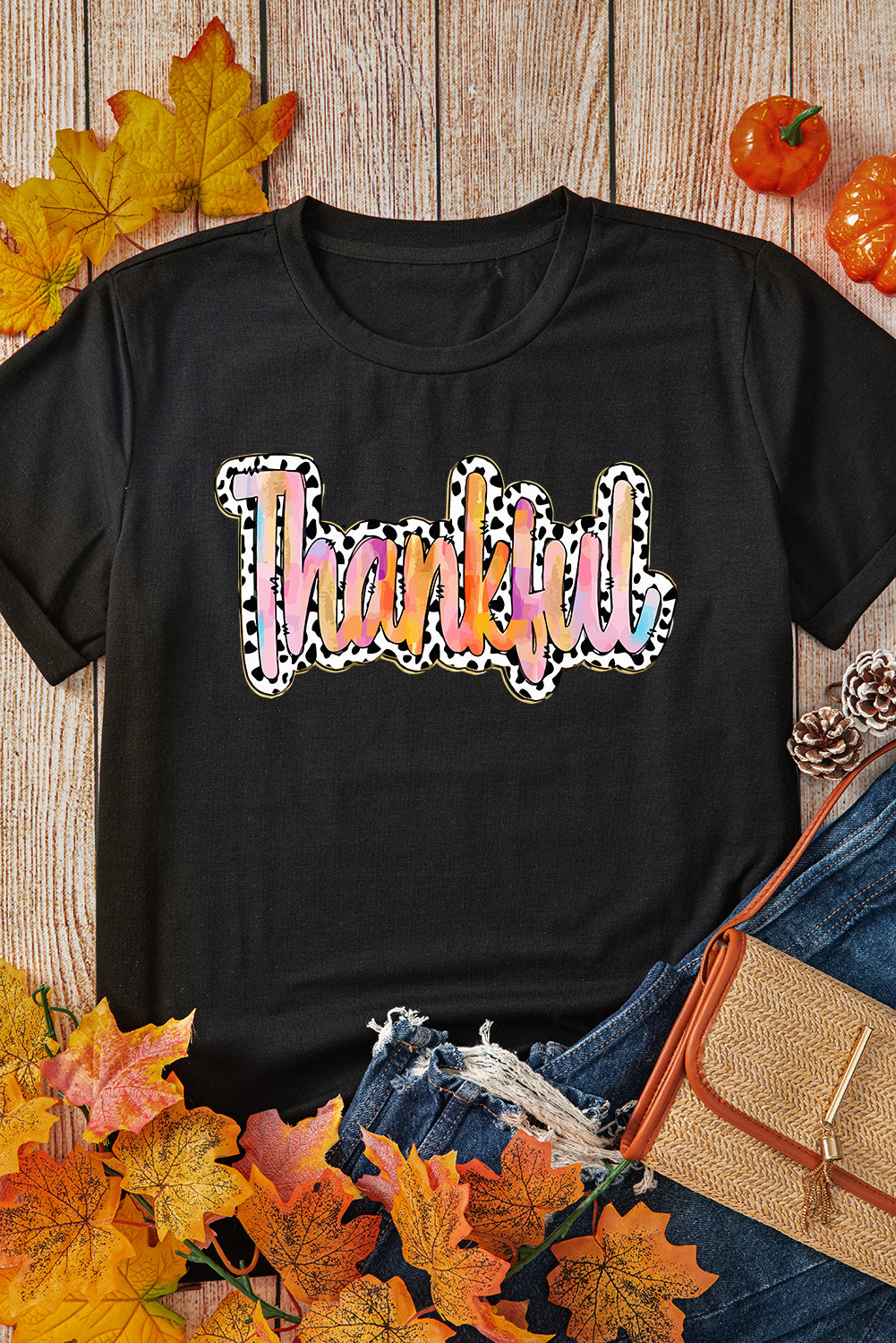 White Thankful Cow Print Crew Neck T Shirt Graphic Tees JT's Designer Fashion