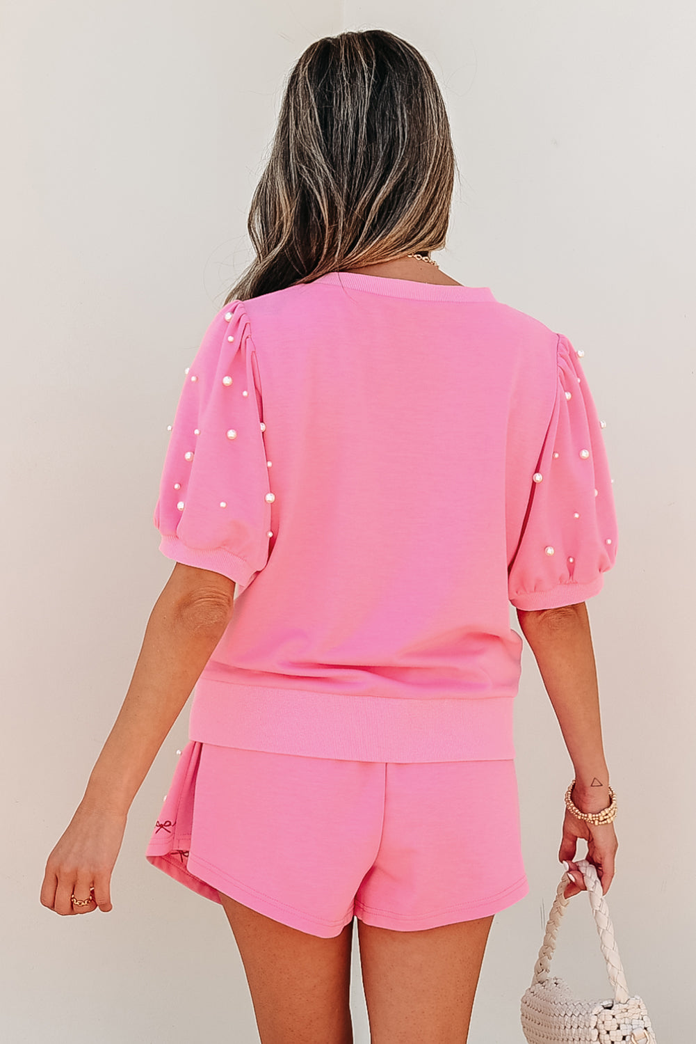Pink Contrast Bow Trim Pearl Puff Sleeve Blouse and Skort 2pcs Set Short Sets JT's Designer Fashion