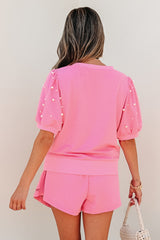 Pink Contrast Bow Trim Pearl Puff Sleeve Blouse and Skort 2pcs Set Short Sets JT's Designer Fashion