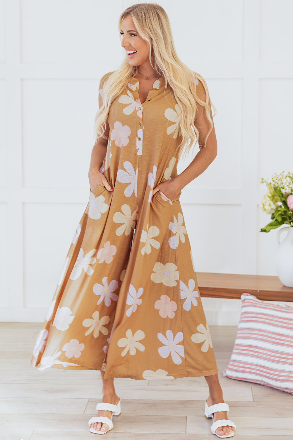 Khaki Floral Print Sleeveless Button up Wide Leg Loose Jumpsuit Jumpsuits & Rompers JT's Designer Fashion