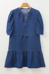 Blue Drawstring High Waist Puff Sleeve Denim Mini Dress Mini Dresses JT's Designer Fashion