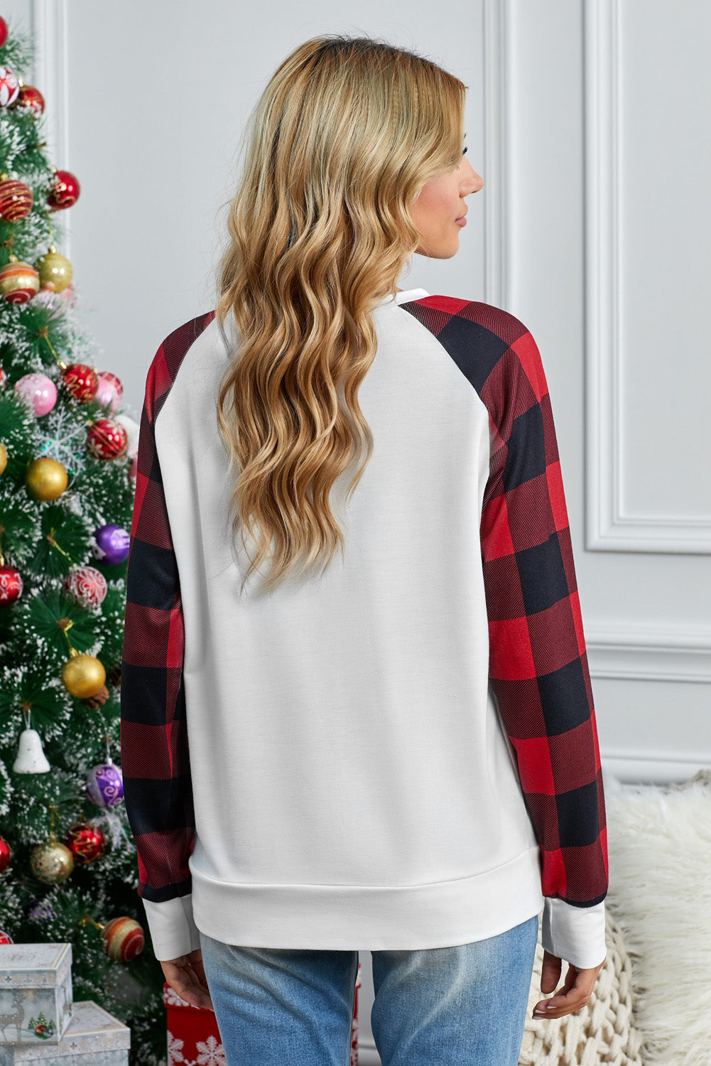 White Buffalo Plaid Long Sleeve Sweatshirt Sweatshirts & Hoodies JT's Designer Fashion