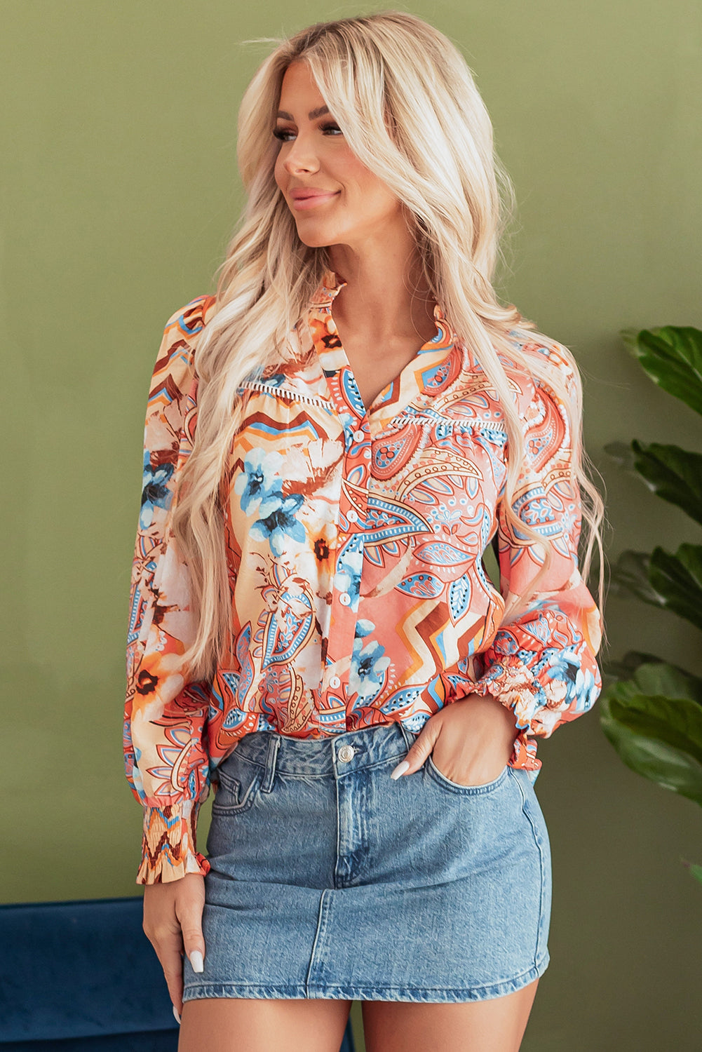 Orange Floral Print Shirred Cuff Buttoned Loose Shirt Blouses & Shirts JT's Designer Fashion